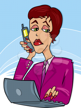 Royalty Free Clipart Image of a Woman Talking on the Phone While Sitting at a Computer