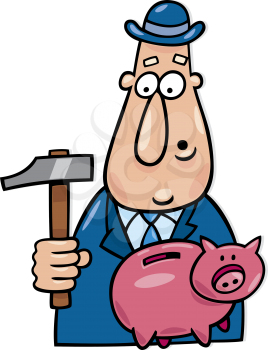 Royalty Free Clipart Image of a Man With a Hammer and Piggy Bank