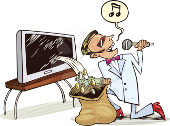 Royalty Free Clipart Image of a Man Singing Into a Microphone While Coins Fall From a TV Into a Bag