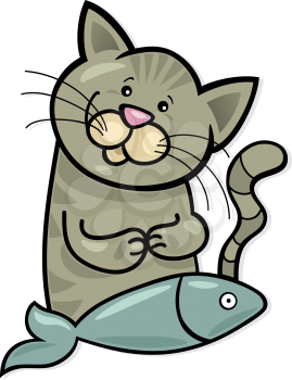Royalty Free Clipart Image of a Cat With a Fish