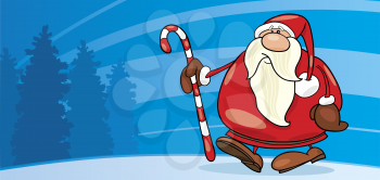 Royalty Free Clipart Image of Santa Walking With a Big Candy Cane at Night