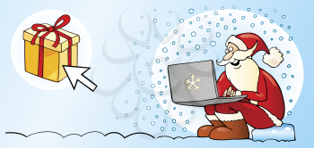 Royalty Free Clipart Image of Santa With a Laptop and an Arrow on a Present