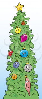 Royalty Free Clipart Image of a Christmas Tree With Ornaments With Faces