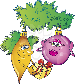 Royalty Free Clipart Image of Christmas Ornaments Exchanging Gifts