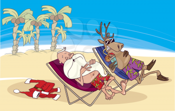 Royalty Free Clipart Image of Santa and a Reindeer at the Beach
