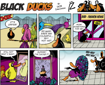 Royalty Free Clipart Image of a Black Ducks Comic Strip About the Duck Being Colourful