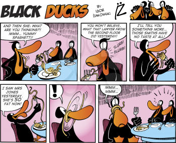 Royalty Free Clipart Image of a Black Ducks Comic Strip in a Restaurant