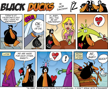 Royalty Free Clipart Image of a Black Ducks Comic Strip for Valentine's Day