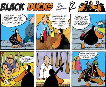 Royalty Free Clipart Image of a Black Ducks Comic Strip About Violence