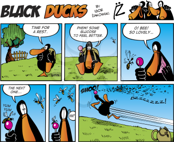Royalty Free Clipart Image of a Black Ducks Comic Strip About a Bee
