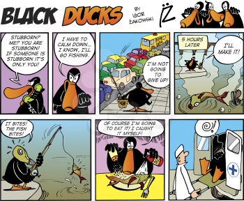 Royalty Free Clipart Image of a Black Ducks Comic Strip Where He Goes Fishing