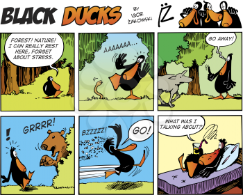 Royalty Free Clipart Image of a Black Ducks Comic Strip in the Forest