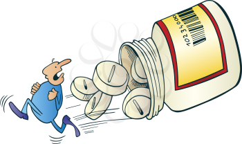 Royalty Free Clipart Image of a Man Running From Pills