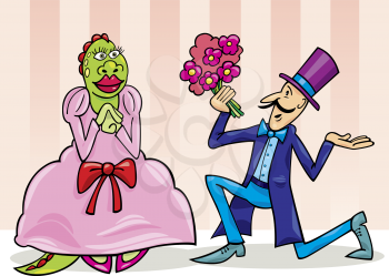 Royalty Free Clipart Image of a Man Proposing to a Green Monster in a Pink Dress