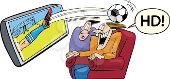 Royalty Free Clipart Image of Two People Watching a Soccer Game on HD TV and the Soccer Ball Flying Over Their Heads