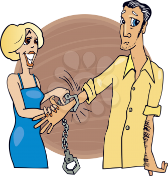 Royalty Free Clipart Image of a Woman Handcuffing a Man