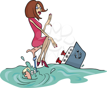 Royalty Free Clipart Image of a Shipwrecked Couple and the Man Holding the Woman Out of the Water