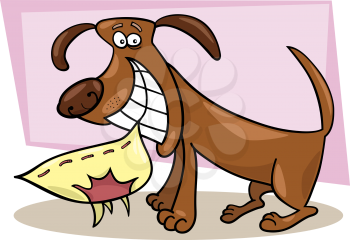 Royalty Free Clipart Image of a Dog Chewing a Pillow
