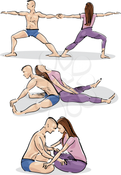 Royalty Free Clipart Image of a Couple Doing Yoga
