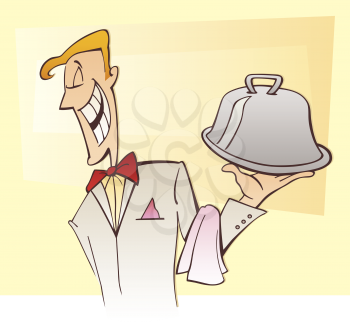 Royalty Free Clipart Image of a Waiter With a Dish
