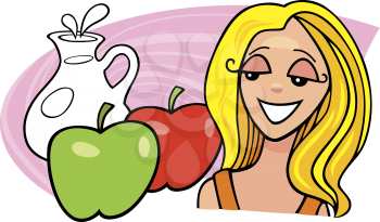 Royalty Free Clipart Image of a Blonde Woman With Apples and Pitcher of Milk