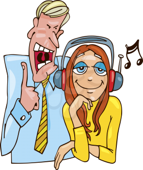 Royalty Free Clipart Image of a Girl Listening to Headphones and an Angry Man Behind Her