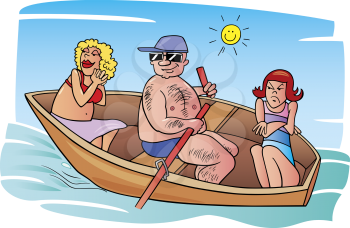 Royalty Free Clipart Image of Two Women and a Man in a Rowboat