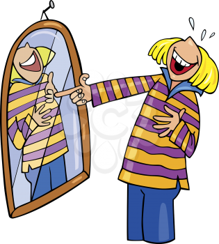 Royalty Free Clipart Image of a Girl Laughing at Herself in a Mirror