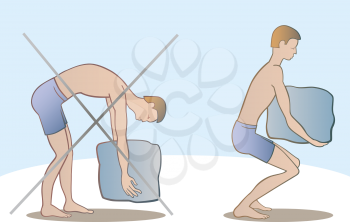 Royalty Free Clipart Image of an Illustration Showing the Right and Wrong Way to Lift Something