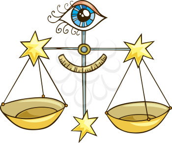 Royalty Free Clipart Image of Scales With Stars and an Eye at the Top