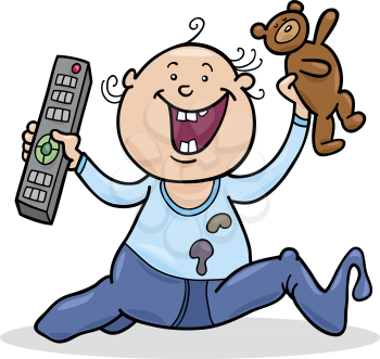 Royalty Free Clipart Image of a Baby With a Remote Control and Teddy Bear