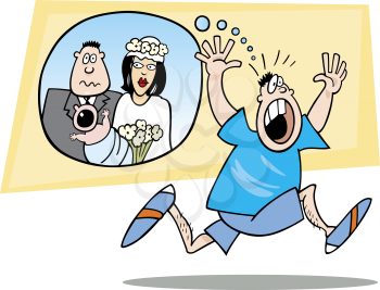 Royalty Free Clipart Image of a Man Running Away From Marriage and Family