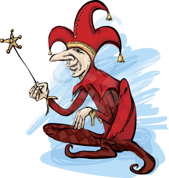 Royalty Free Clipart Image of a Jester in Red Holding a Wand