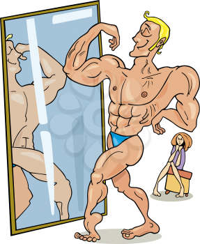 Royalty Free Clipart Image of a Muscular Man Looking in a Mirror