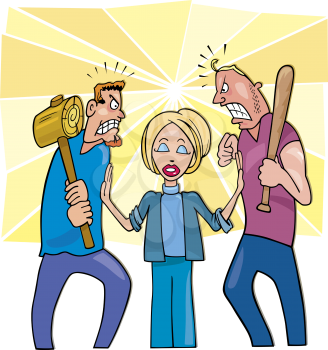 Royalty Free Clipart Image of a Woman Coming Between Two Angry Men