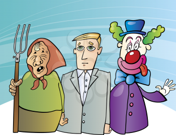 Royalty Free Clipart Image of an Old Man and Woman With a Clown