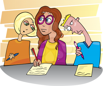 Royalty Free Clipart Image of Kids Writing a Test and Two Students Cheating