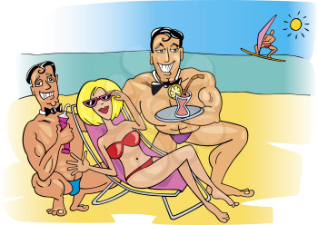 Illustration of happy woman on the beach with two handsome guys