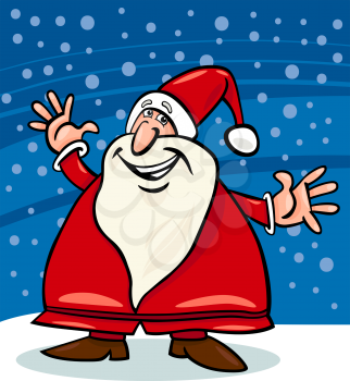 Cartoon Illustration of Happy Christmas Santa Claus or Papa Noel against Evening Sky and Snow
