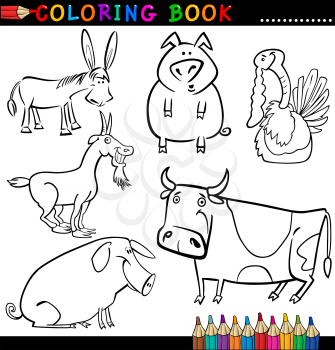 Coloring Book or Page Cartoon Illustration of Funny Farm and Livestock Animals for Children