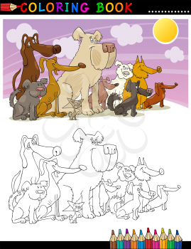 Coloring Book or Page Cartoon Illustration of Funny Sitting Dogs Group for Children