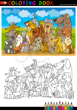 Coloring Book or Page Cartoon Illustration of Funny Sitting Dogs Group against Blue Sky for Children