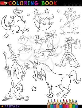 Coloring Book or Page Cartoon Illustration of Wizard and Dwarf and Unicorn and Dragon Fairytale Fantasy Characters