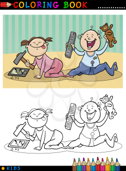 Coloring Book or Page Cartoon Illustration of Naughty Cute Babies and Children