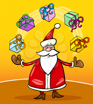 Cartoon Illustration of Funny Santa Claus or Papa Noel juggling Christmas Presents or Gifts