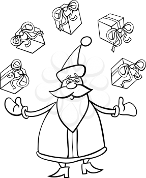 Cartoon Illustration of Funny Santa Claus or Papa Noel juggling Christmas Presents or Gifts for Coloring Book or Page