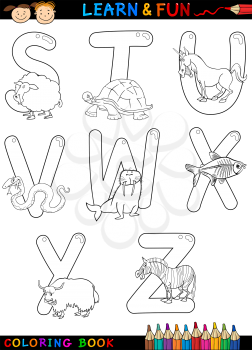 Cartoon Alphabet Coloring Book or Page Set with Funny Animals for Children Education and Fun