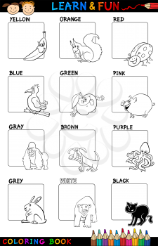 Cartoon Coloring Book or Page Illustration of Primary Colors Set with Animals or Objects for Children Education