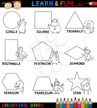 Cartoon Coloring Book or Page Illustration of Basic Geometric Shapes with Captions and Animals Comic Characters for Children Education