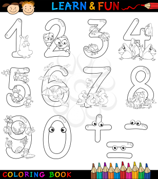 Cartoon Coloring Book or Page Illustration of Numbers Signs from Zero to Nine with Animals Characters for Children Education and Fun